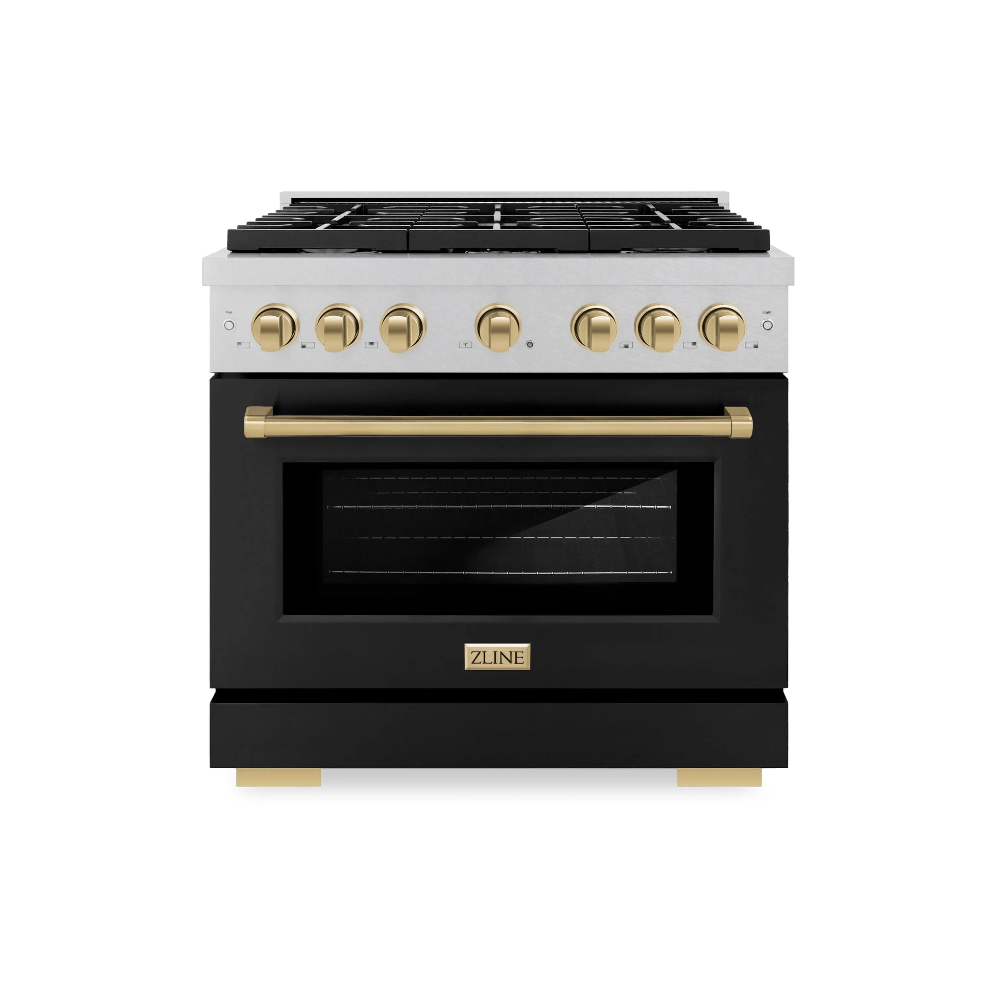 ZLINE Autograph Edition 36 in. 5.2 cu. ft. Paramount Gas Range with 6 Burner Cooktop and Convection Gas Oven in Satin Stainless Steel with Black Matte Door and Champagne Bronze Accents, Open Box-Great Condition