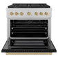 ZLINE Autograph Edition 36 in. 5.2 cu. ft. Paramount Gas Range with 6 Burner Cooktop and Convection Gas Oven in Satin Stainless Steel with Black Matte Door and Champagne Bronze Accents (SGRSZ-BLM-36-CB) front, oven open.
