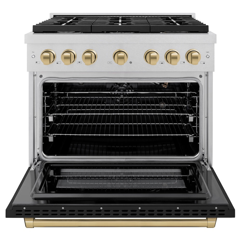 ZLINE Autograph Edition 36 in. 5.2 cu. ft. Paramount Gas Range with 6 Burner Cooktop and Convection Gas Oven in Satin Stainless Steel with Black Matte Door and Champagne Bronze Accents (SGRSZ-BLM-36-CB) front, oven open.