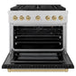 ZLINE Autograph Edition 36 in. 5.2 cu. ft. Paramount Gas Range with 6 Burner Cooktop and Convection Gas Oven in Satin Stainless Steel with Black Matte Door and Champagne Bronze Accents, Open Box-Great Condition