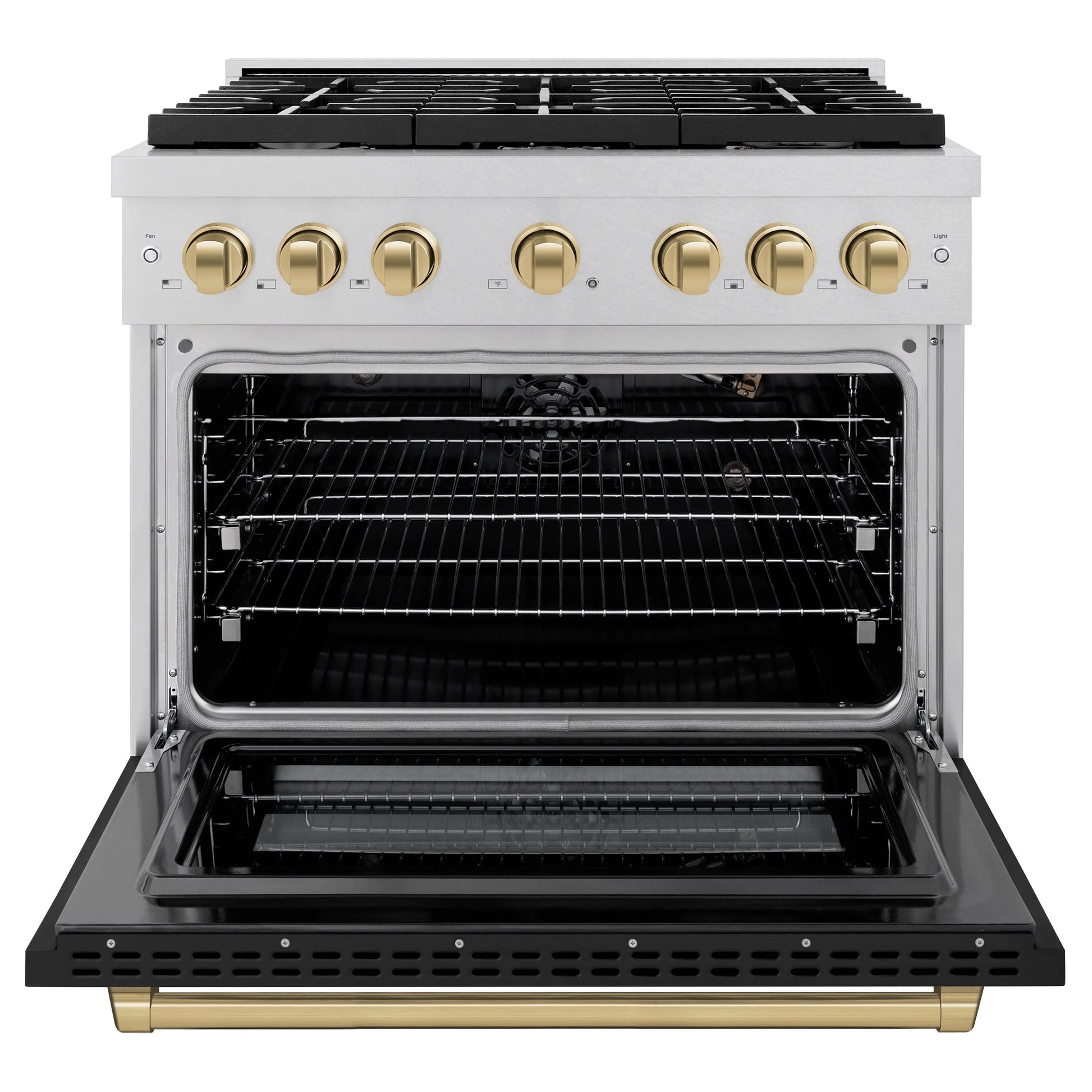 ZLINE Autograph Edition 36 in. 5.2 cu. ft. Paramount Gas Range with 6 Burner Cooktop and Convection Gas Oven in Satin Stainless Steel with Black Matte Door and Champagne Bronze Accents, Open Box-Great Condition