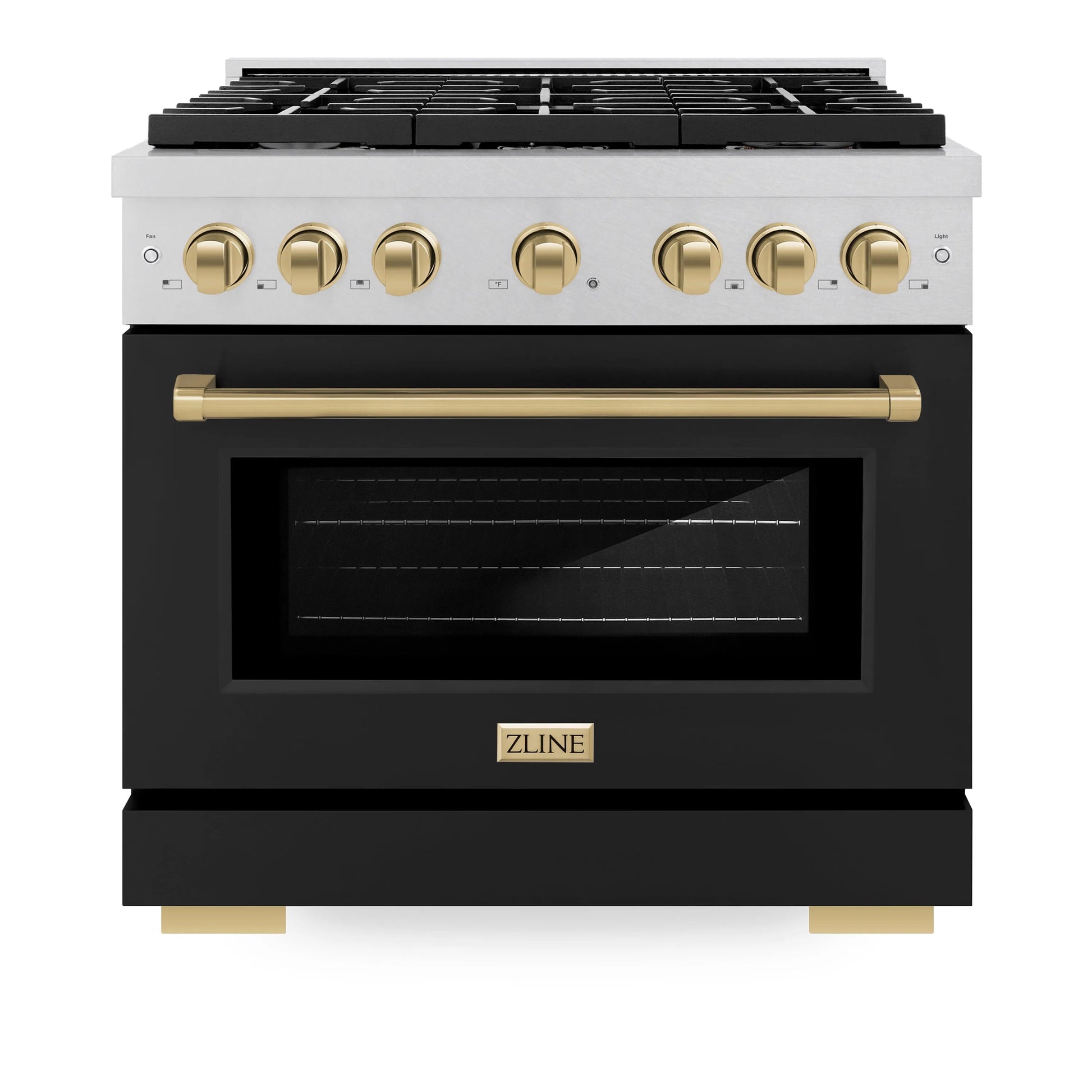 ZLINE Autograph Edition 36 in. 5.2 cu. ft. Paramount Gas Range with 6 Burner Cooktop and Convection Gas Oven in Satin Stainless Steel with Black Matte Door and Champagne Bronze Accents, Open Box-Great Condition