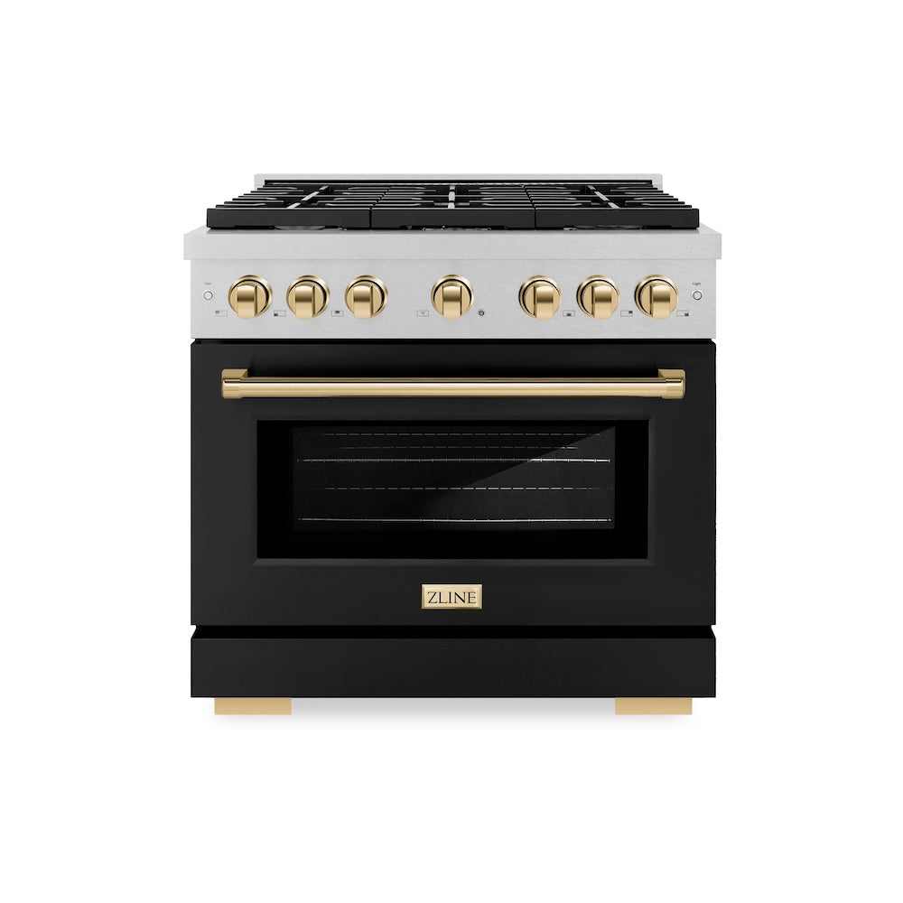 ZLINE Autograph Edition 36 in. 5.2 cu. ft. Paramount Gas Range with 6 Burner Cooktop and Convection Gas Oven in Satin Stainless Steel with Black Matte Door and Polished Gold Accents, Open Box-Good Condition main image.