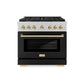ZLINE Autograph Edition 36 in. 5.2 cu. ft. Paramount Gas Range with 6 Burner Cooktop and Convection Gas Oven in Satin Stainless Steel with Black Matte Door and Polished Gold Accents, Open Box-Great Condition