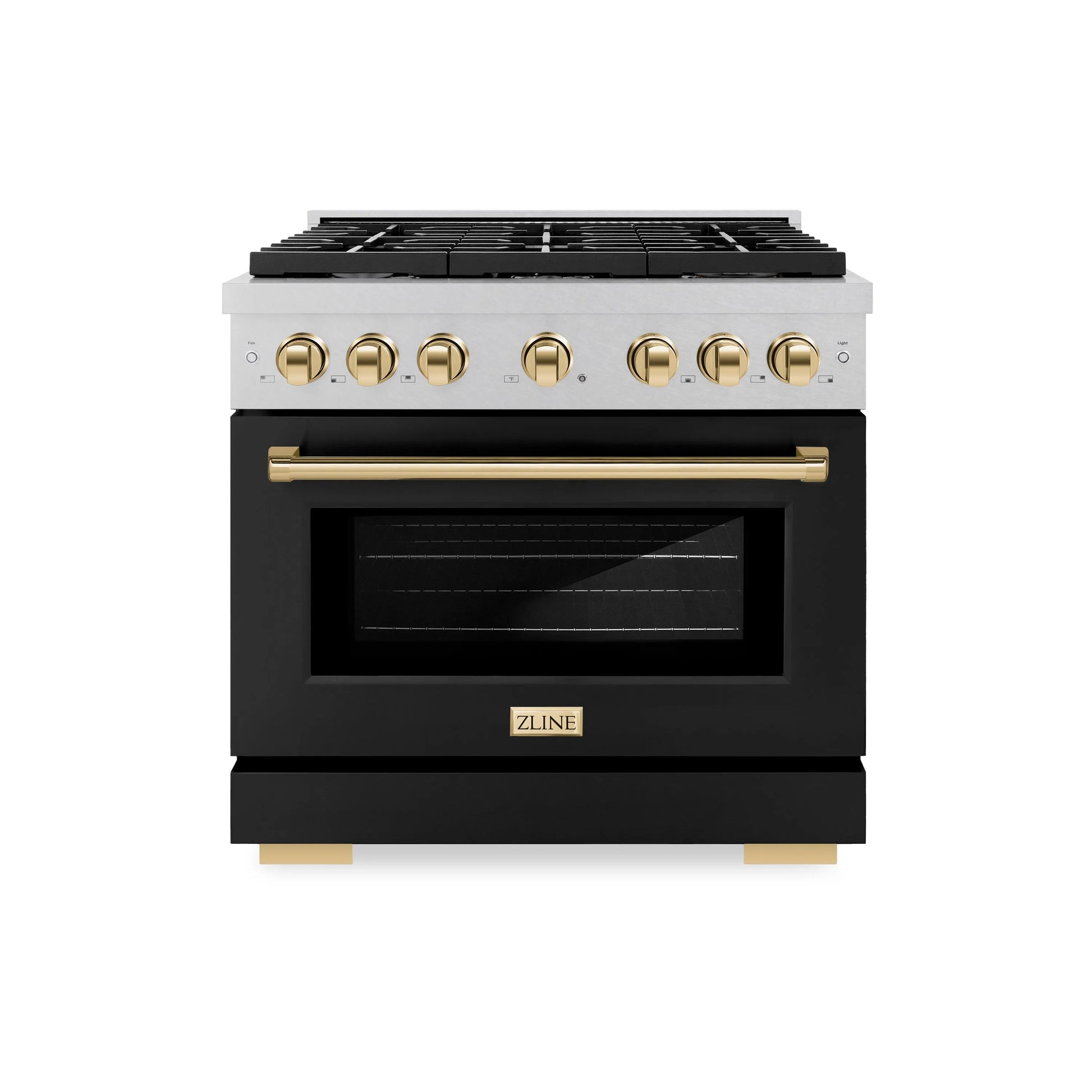 ZLINE Autograph Edition 36 in. 5.2 cu. ft. Paramount Gas Range with 6 Burner Cooktop and Convection Gas Oven in Satin Stainless Steel with Black Matte Door and Polished Gold Accents, Open Box-Great Condition