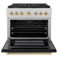 ZLINE Autograph Edition 36 in. 5.2 cu. ft. Paramount Gas Range with 6 Burner Cooktop and Convection Gas Oven in Satin Stainless Steel with Black Matte Door and Polished Gold Accents (SGRSZ-BLM-36-G) front, oven open.