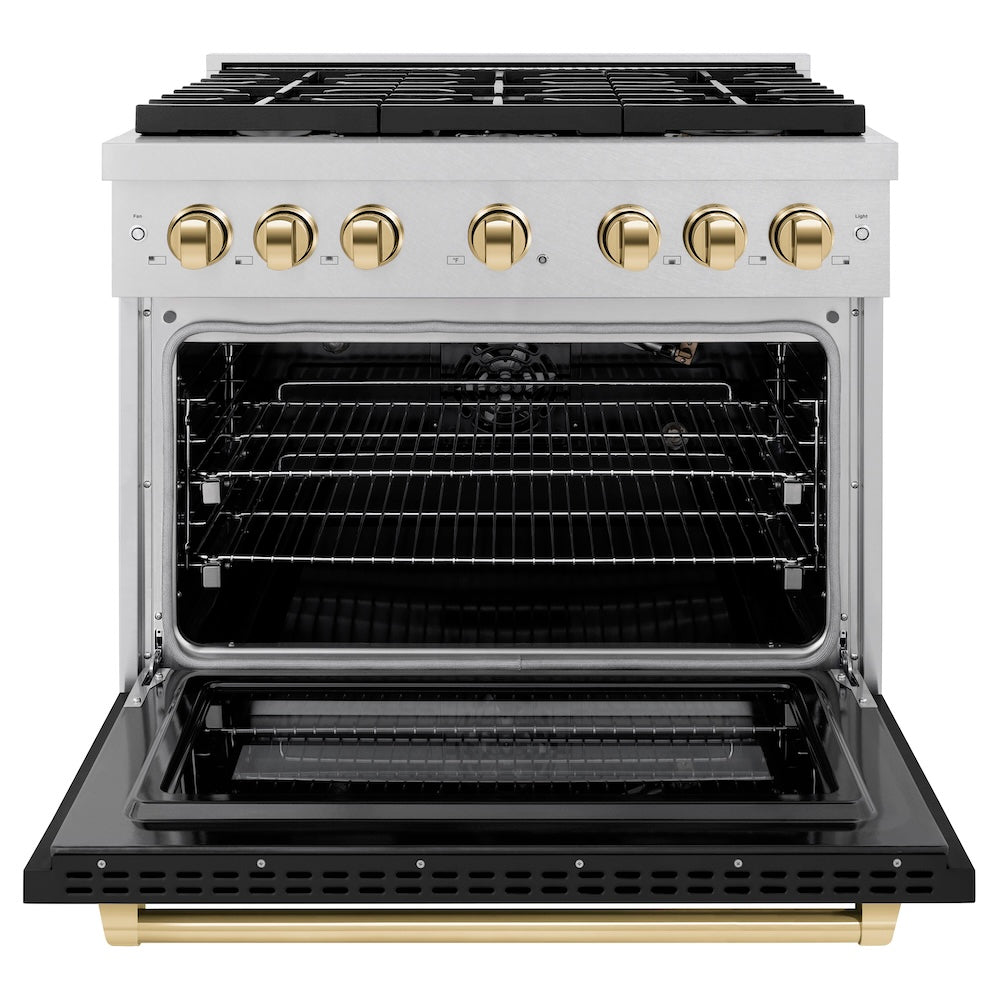 ZLINE Autograph Edition 36 in. 5.2 cu. ft. Paramount Gas Range with 6 Burner Cooktop and Convection Gas Oven in Satin Stainless Steel with Black Matte Door and Polished Gold Accents (SGRSZ-BLM-36-G) front, oven open.