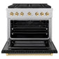ZLINE Autograph Edition 36 in. 5.2 cu. ft. Paramount Gas Range with 6 Burner Cooktop and Convection Gas Oven in Satin Stainless Steel with Black Matte Door and Polished Gold Accents, Open Box-Good Condition