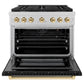 ZLINE Autograph Edition 36 in. 5.2 cu. ft. Paramount Gas Range with 6 Burner Cooktop and Convection Gas Oven in Satin Stainless Steel with Black Matte Door and Polished Gold Accents, Open Box-Great Condition