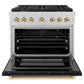 ZLINE Autograph Edition 36 in. 5.2 cu. ft. Paramount Gas Range with 6 Burner Cooktop and Convection Gas Oven in Satin Stainless Steel with Black Matte Door and Polished Gold Accents, Open Box-Great Condition