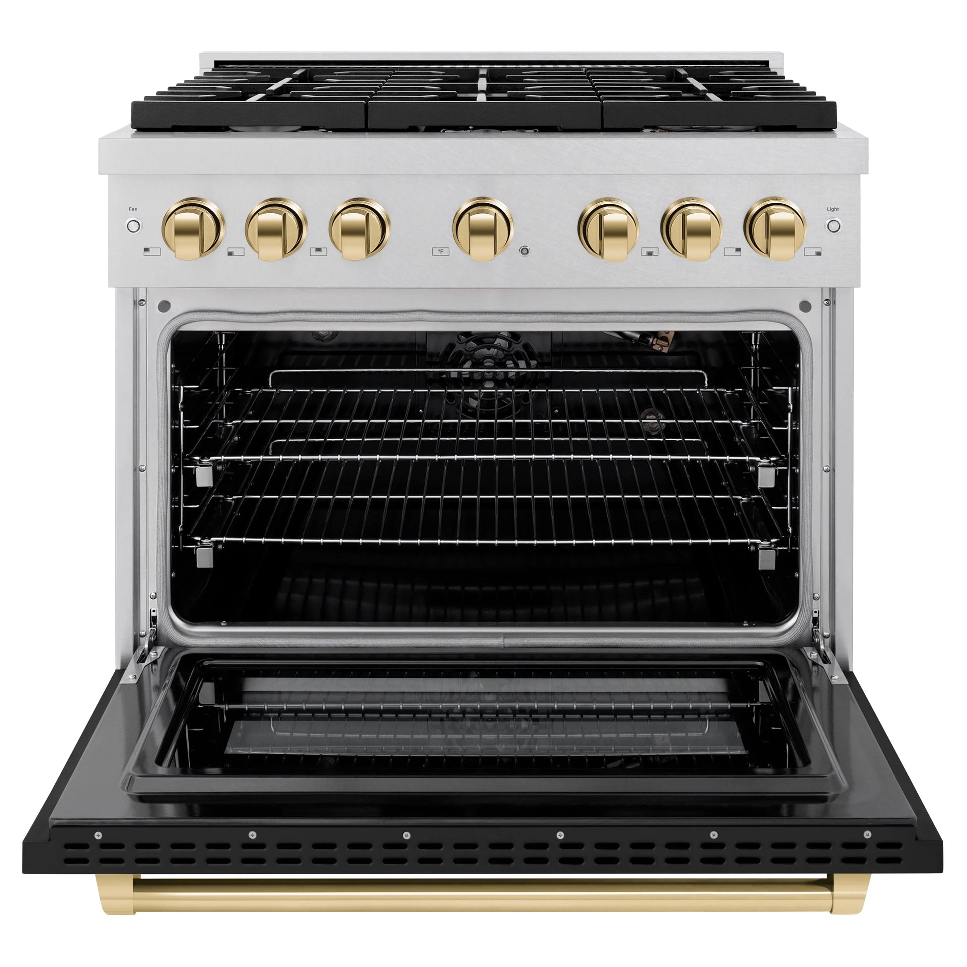 ZLINE Autograph Edition 36 in. 5.2 cu. ft. Paramount Gas Range with 6 Burner Cooktop and Convection Gas Oven in Satin Stainless Steel with Black Matte Door and Polished Gold Accents, Open Box-Great Condition