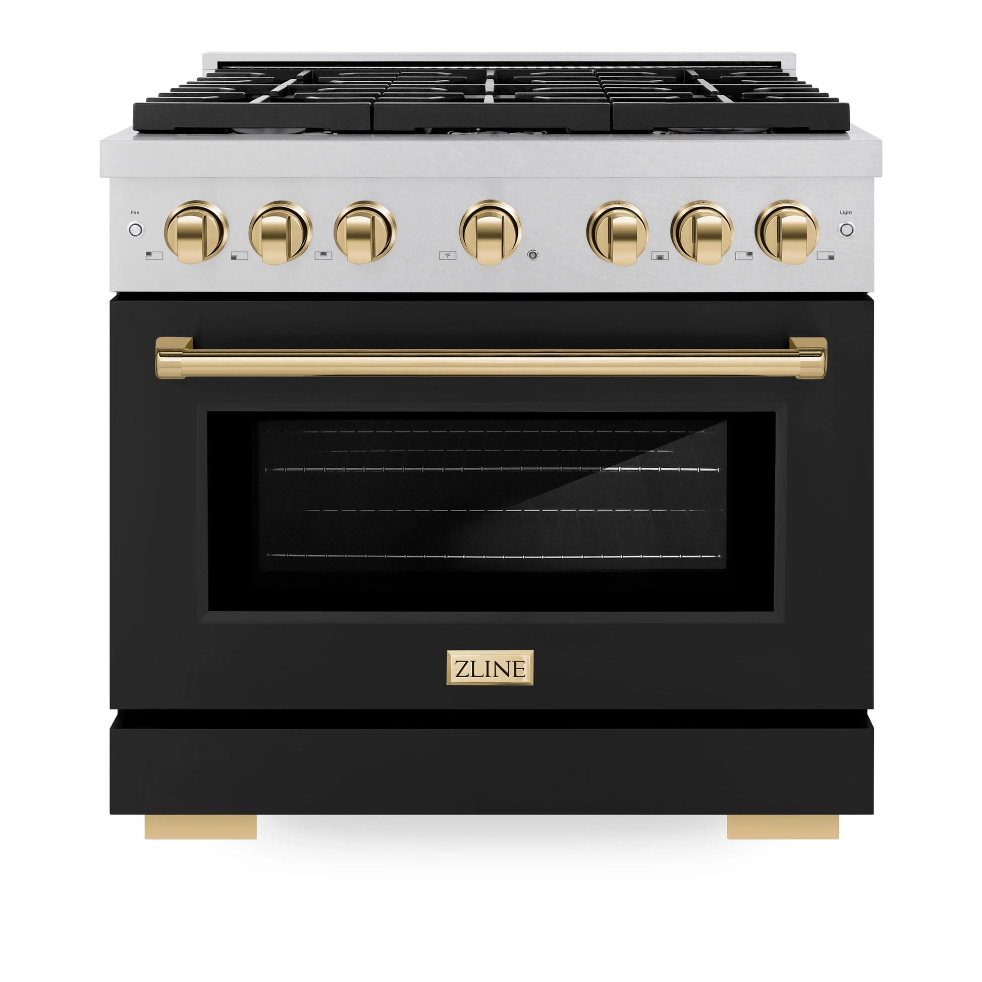 ZLINE Autograph Edition 36 in. 5.2 cu. ft. Paramount Gas Range with 6 Burner Cooktop and Convection Gas Oven in Satin Stainless Steel with Black Matte Door and Polished Gold Accents, Open Box-Great Condition
