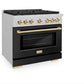 ZLINE Autograph Edition 36 in. 5.2 cu. ft. Paramount Gas Range with 6 Burner Cooktop and Convection Gas Oven in Satin Stainless Steel with Black Matte Door and Polished Gold Accents, Open Box-Great Condition