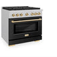 ZLINE Autograph Edition 36 in. 5.2 cu. ft. Paramount Gas Range with 6 Burner Cooktop and Convection Gas Oven in Satin Stainless Steel with Black Matte Door and Polished Gold Accents, Open Box-Good Condition