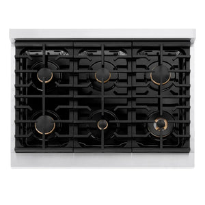 ZLINE Autograph Edition 36 in. 5.2 cu. ft. Paramount Gas Range with 6 Burner Cooktop and Convection Gas Oven in Satin Stainless Steel with Black Matte Door and Polished Gold Accents, Open Box-Great Condition