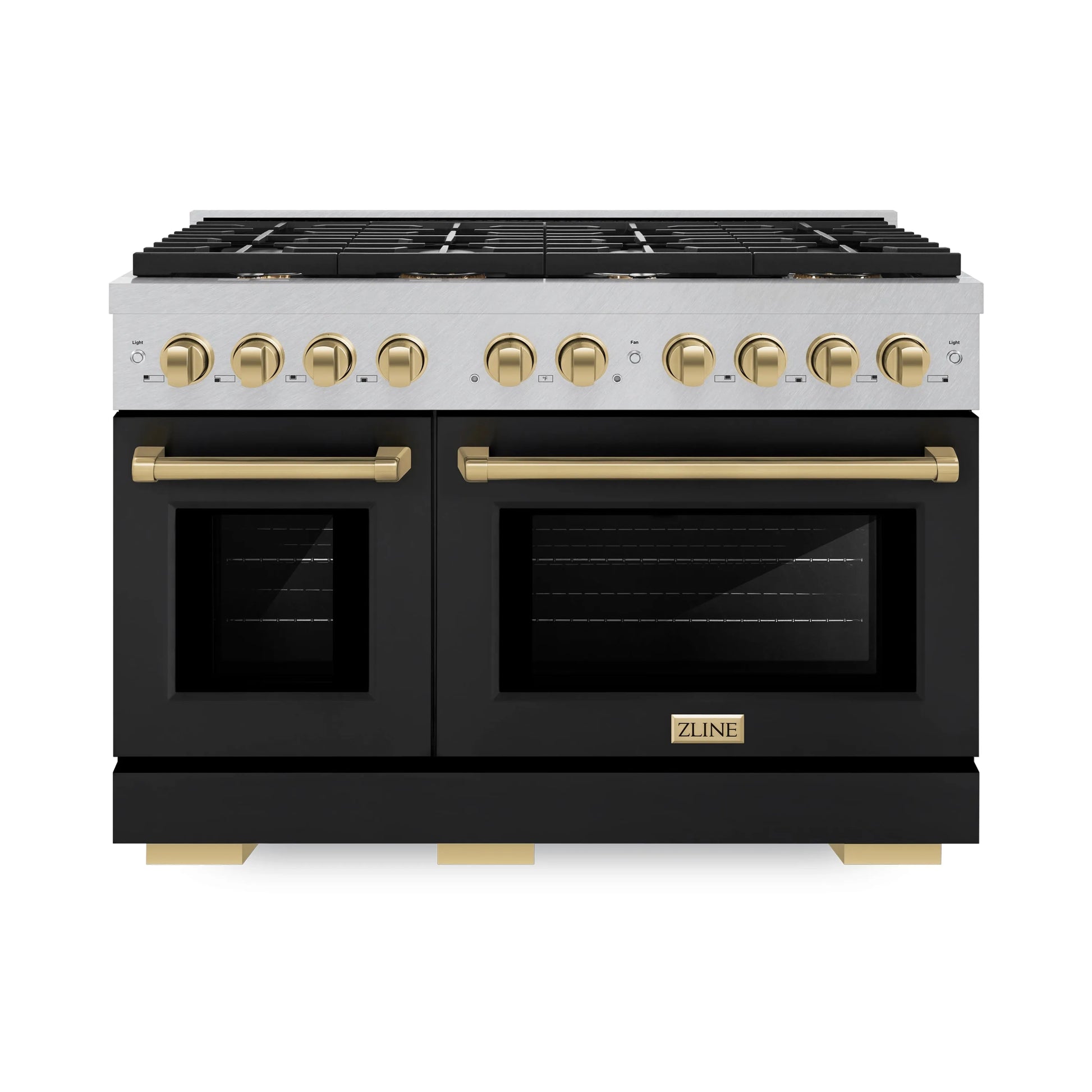 ZLINE Autograph Edition 48 in. 6.7 cu. ft. Paramount Double Oven Gas Range with 8 Burner Cooktop in Satin Stainless Steel with Black Matte Doors and Champagne Bronze Accents, Open Box-Great Condition