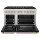 ZLINE Autograph Edition 48 in. 6.7 cu. ft. Paramount Double Oven Gas Range with 8 Burner Cooktop in Satin Stainless Steel with Black Matte Doors and Champagne Bronze Accents (SGRSZ-BLM-48-CB) front, oven open.