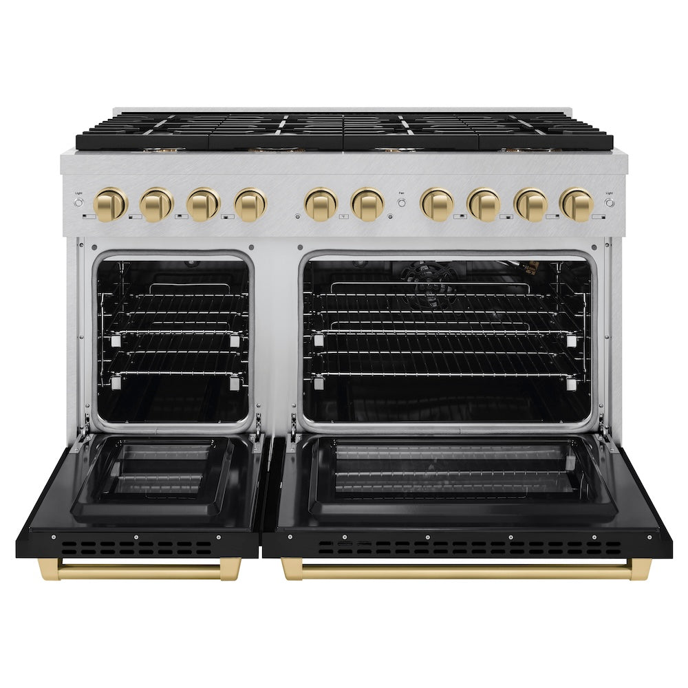 ZLINE Autograph Edition 48 in. 6.7 cu. ft. Paramount Double Oven Gas Range with 8 Burner Cooktop in Satin Stainless Steel with Black Matte Doors and Champagne Bronze Accents (SGRSZ-BLM-48-CB) front, oven open.
