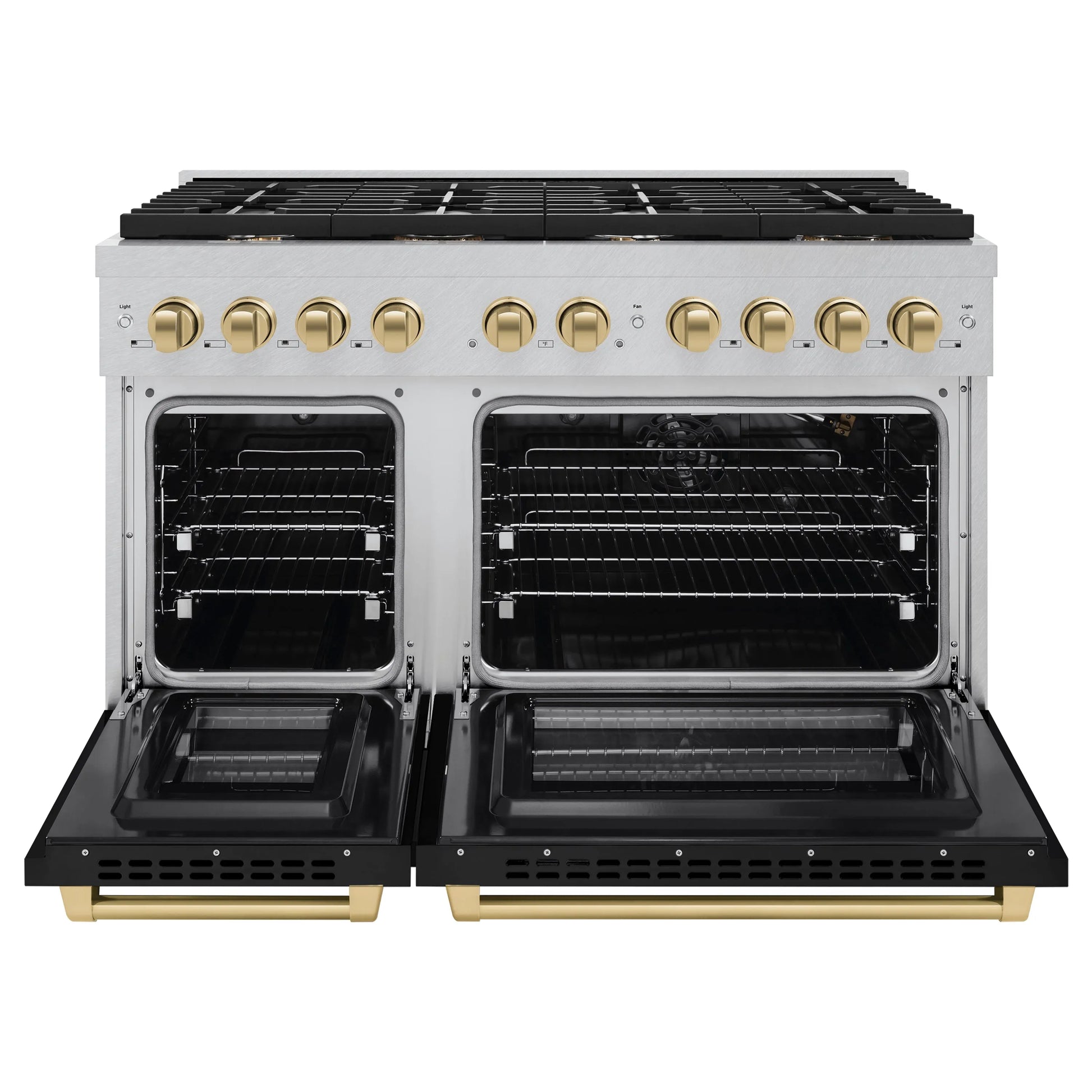 ZLINE Autograph Edition 48 in. 6.7 cu. ft. Paramount Double Oven Gas Range with 8 Burner Cooktop in Satin Stainless Steel with Black Matte Doors and Champagne Bronze Accents, Open Box-Great Condition