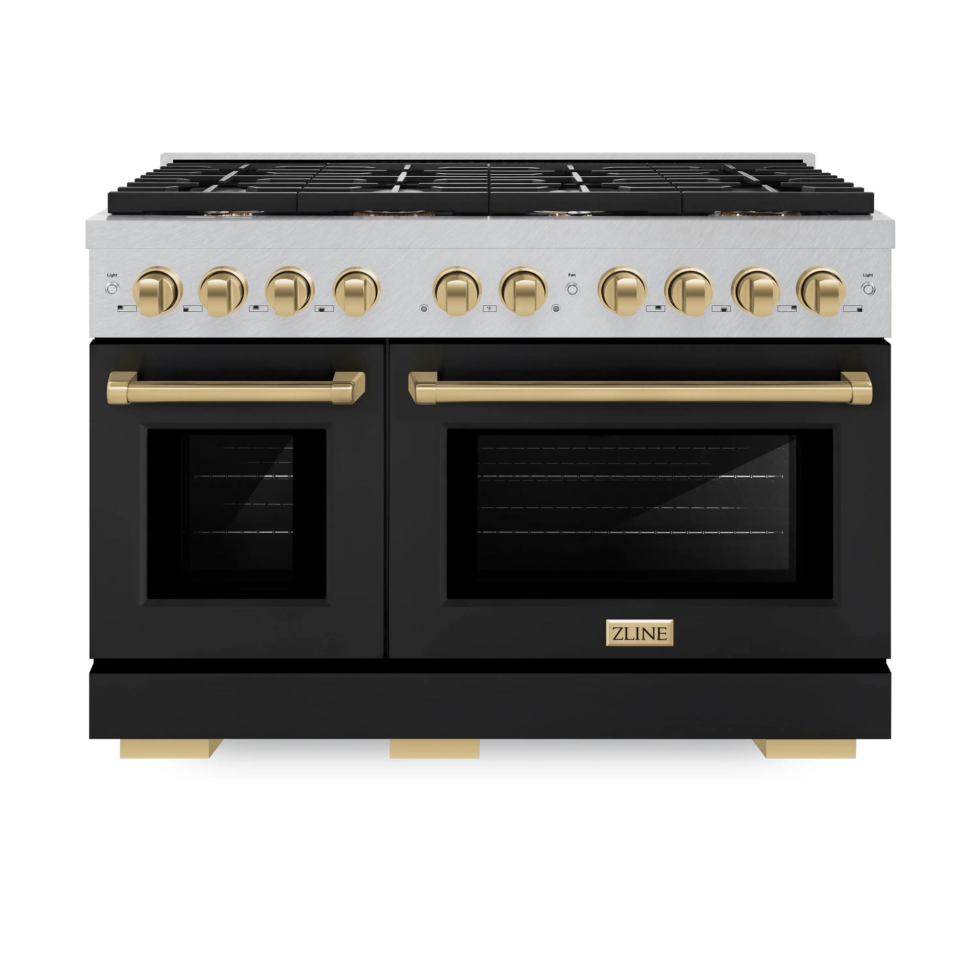 ZLINE Autograph Edition 48 in. 6.7 cu. ft. Paramount Double Oven Gas Range with 8 Burner Cooktop in Satin Stainless Steel with Black Matte Doors and Champagne Bronze Accents, Open Box-Great Condition