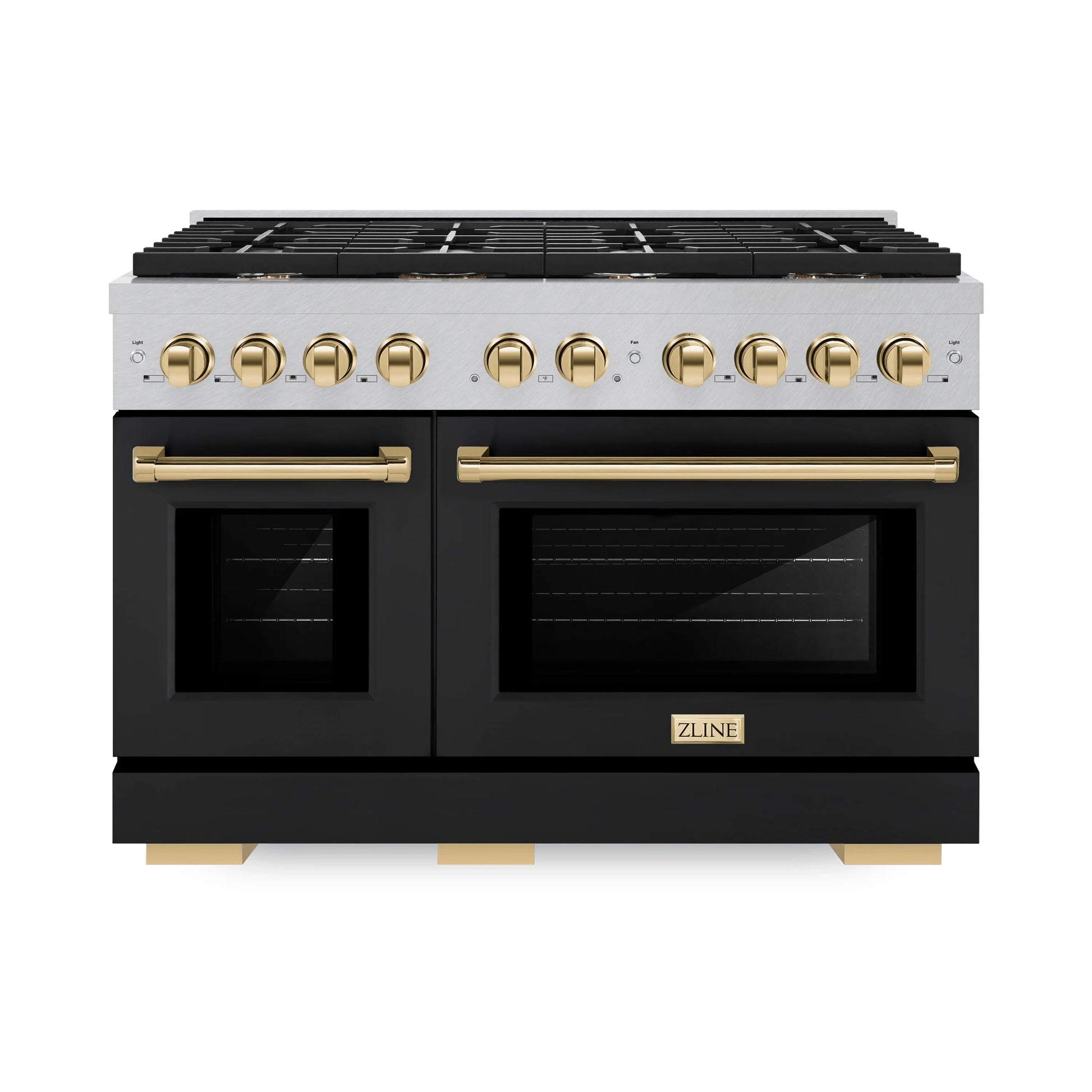 ZLINE Autograph Edition 48 in. 6.7 cu. ft. Paramount Double Oven Gas Range with 8 Burner Cooktop in Satin Stainless Steel with Black Matte Doors and Polished Gold Accents, Open Box-Great Condition