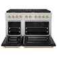 ZLINE Autograph Edition 48 in. 6.7 cu. ft. Paramount Double Oven Gas Range with 8 Burner Cooktop in Satin Stainless Steel with Black Matte Doors and Polished Gold Accents (SGRSZ-BLM-48-G) front, oven open.