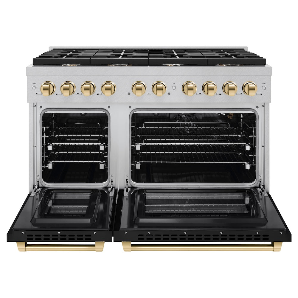 ZLINE Autograph Edition 48 in. 6.7 cu. ft. Paramount Double Oven Gas Range with 8 Burner Cooktop in Satin Stainless Steel with Black Matte Doors and Polished Gold Accents (SGRSZ-BLM-48-G) front, oven open.