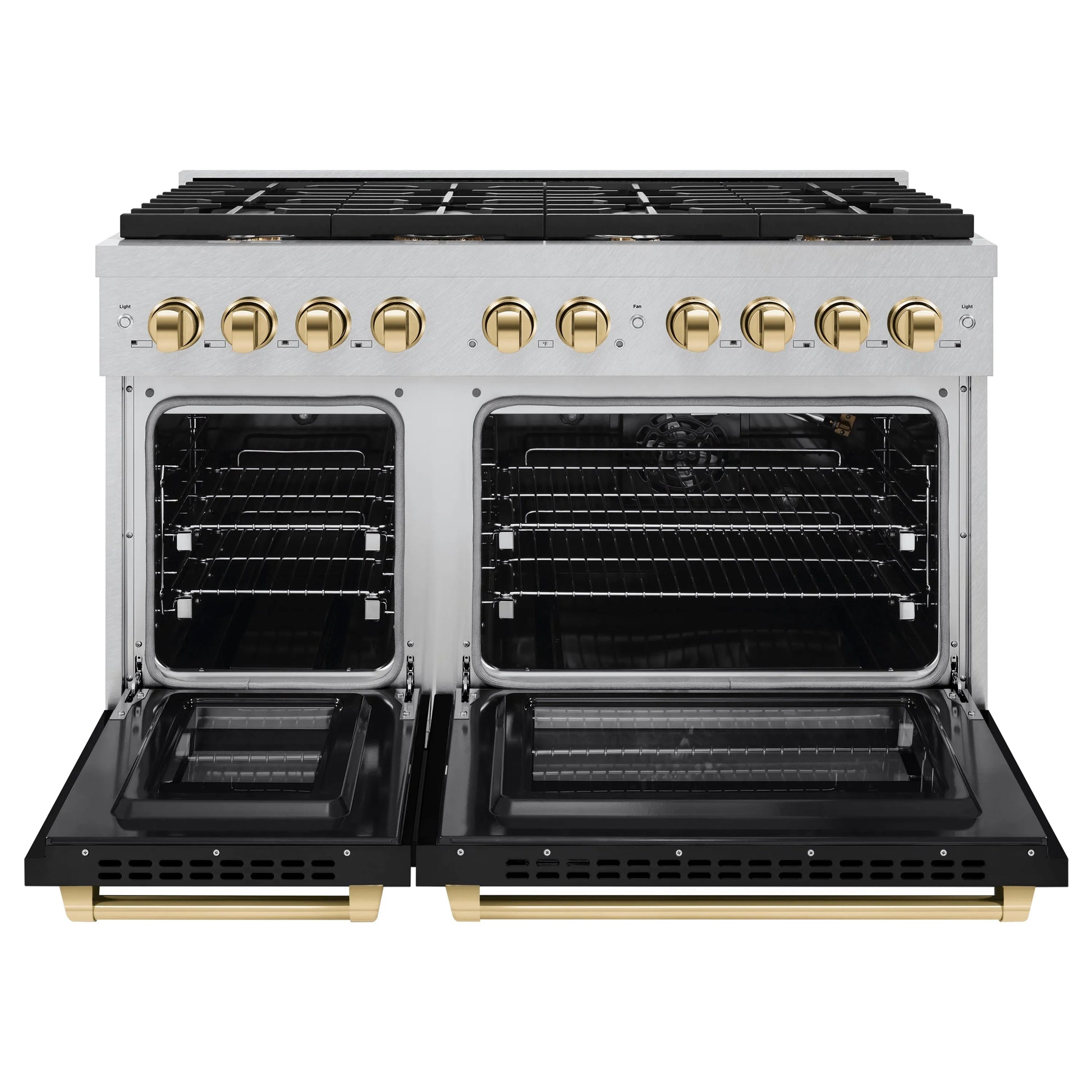ZLINE Autograph Edition 48 in. 6.7 cu. ft. Paramount Double Oven Gas Range with 8 Burner Cooktop in Satin Stainless Steel with Black Matte Doors and Polished Gold Accents, Open Box-Great Condition