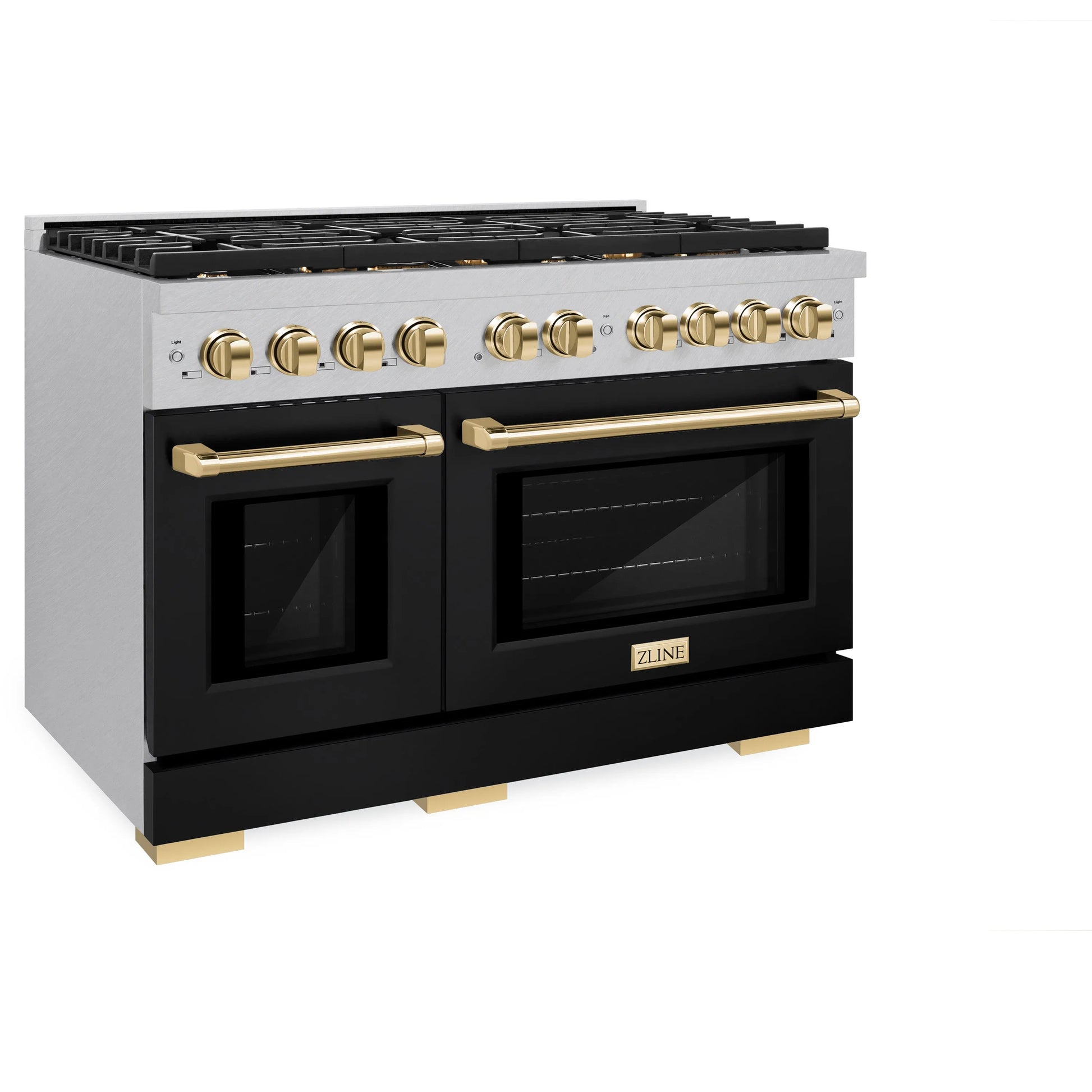 ZLINE Autograph Edition 48 in. 6.7 cu. ft. Paramount Double Oven Gas Range with 8 Burner Cooktop in Satin Stainless Steel with Black Matte Doors and Polished Gold Accents, Open Box-Great Condition