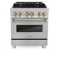 ZLINE Autograph Edition 30 in. 4.0 cu. ft. Legacy Dual Fuel Range with 4 Burner Gas Cooktop and Electric Convection Oven in Satin Stainless Steel and Champagne Bronze Accents (RASZ-SN-30-CB) front.