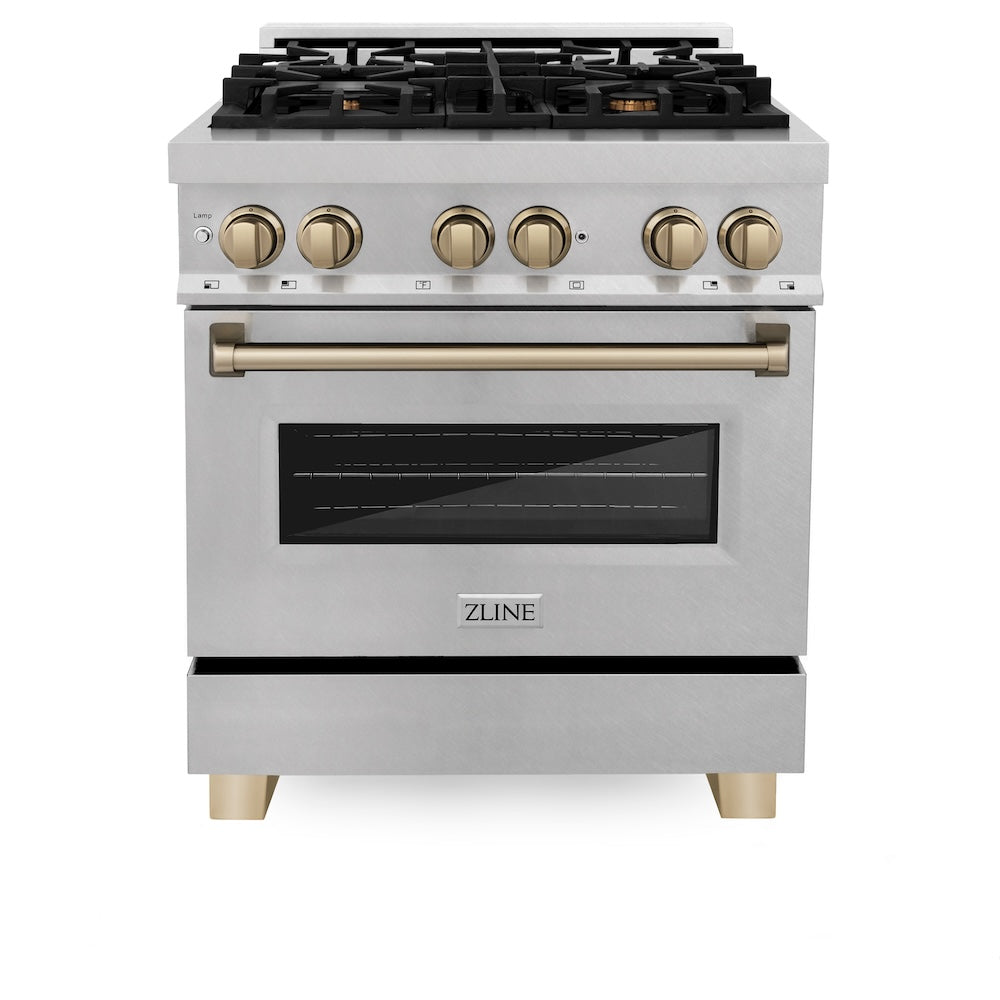 ZLINE Autograph Edition 30 in. 4.0 cu. ft. Legacy Dual Fuel Range with 4 Burner Gas Cooktop and Electric Convection Oven in Satin Stainless Steel and Champagne Bronze Accents (RASZ-SN-30-CB) front.