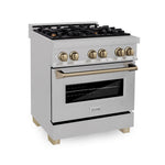 ZLINE Autograph Edition 30 in. 4.0 cu. ft. Legacy Dual Fuel Range with 4 Burner Gas Cooktop and Electric Convection Oven in Satin Stainless Steel and Champagne Bronze Accents, Open Box-Good Condition