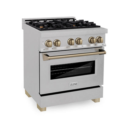 ZLINE Autograph Edition 30 in. 4.0 cu. ft. Legacy Dual Fuel Range with 4 Burner Gas Cooktop and Electric Convection Oven in Satin Stainless Steel and Champagne Bronze Accents, Open Box-Good Condition