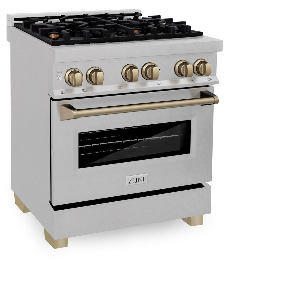 ZLINE Autograph Edition 30 in. 4.0 cu. ft. Legacy Dual Fuel Range with 4 Burner Gas Cooktop and Electric Convection Oven in Satin Stainless Steel and Champagne Bronze Accents (RASZ-SN-30-CB) side.