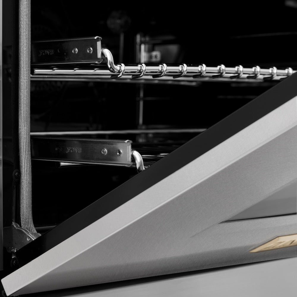ZLINE Autograph Edition 30 in. 4.0 cu. ft. Legacy Dual Fuel Range with 4 Burner Gas Cooktop and Electric Convection Oven in Satin Stainless Steel and Polished Gold Accents (RASZ-SN-30-G)