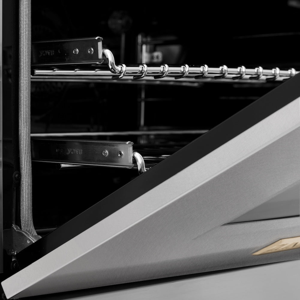 ZLINE Autograph Edition 30 in. 4.0 cu. ft. Legacy Dual Fuel Range with 4 Burner Gas Cooktop and Electric Convection Oven in Satin Stainless Steel and Polished Gold Accents, Open Box-Good Condition