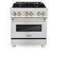 ZLINE Autograph Edition 30 in. 4.0 cu. ft. Legacy Dual Fuel Range with 4 Burner Gas Cooktop and Electric Convection Oven in Satin Stainless Steel and Polished Gold Accents (RASZ-SN-30-G) front.