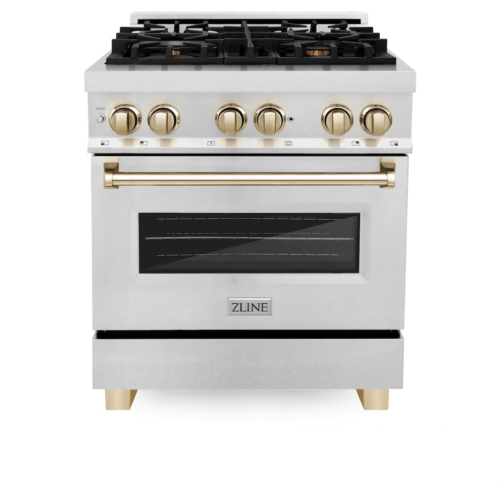 ZLINE Autograph Edition 30 in. 4.0 cu. ft. Legacy Dual Fuel Range with 4 Burner Gas Cooktop and Electric Convection Oven in Satin Stainless Steel and Polished Gold Accents (RASZ-SN-30-G) front.