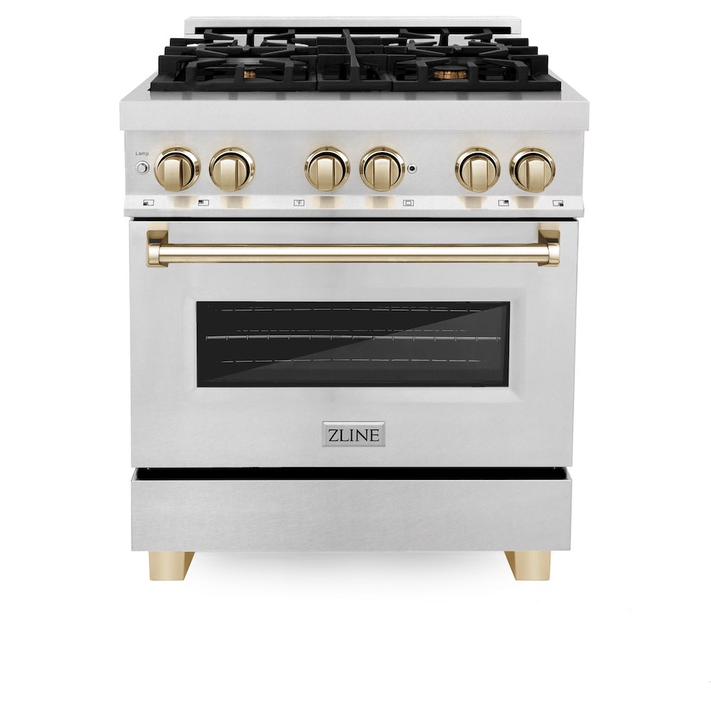 ZLINE Autograph Edition 30 in. 4.0 cu. ft. Legacy Dual Fuel Range with 4 Burner Gas Cooktop and Electric Convection Oven in Satin Stainless Steel and Polished Gold Accents, Open Box-Good Condition