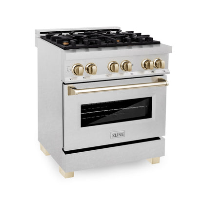 ZLINE Autograph Edition 30 in. 4.0 cu. ft. Legacy Dual Fuel Range with 4 Burner Gas Cooktop and Electric Convection Oven in Satin Stainless Steel and Polished Gold Accents, Open Box-Good Condition