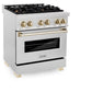 ZLINE Autograph Edition 30 in. 4.0 cu. ft. Legacy Dual Fuel Range with 4 Burner Gas Cooktop and Electric Convection Oven in Satin Stainless Steel and Polished Gold Accents (RASZ-SN-30-G) side.
