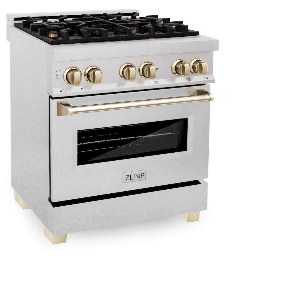 ZLINE Autograph Edition 30 in. 4.0 cu. ft. Legacy Dual Fuel Range with 4 Burner Gas Cooktop and Electric Convection Oven in Satin Stainless Steel and Polished Gold Accents (RASZ-SN-30-G) side.