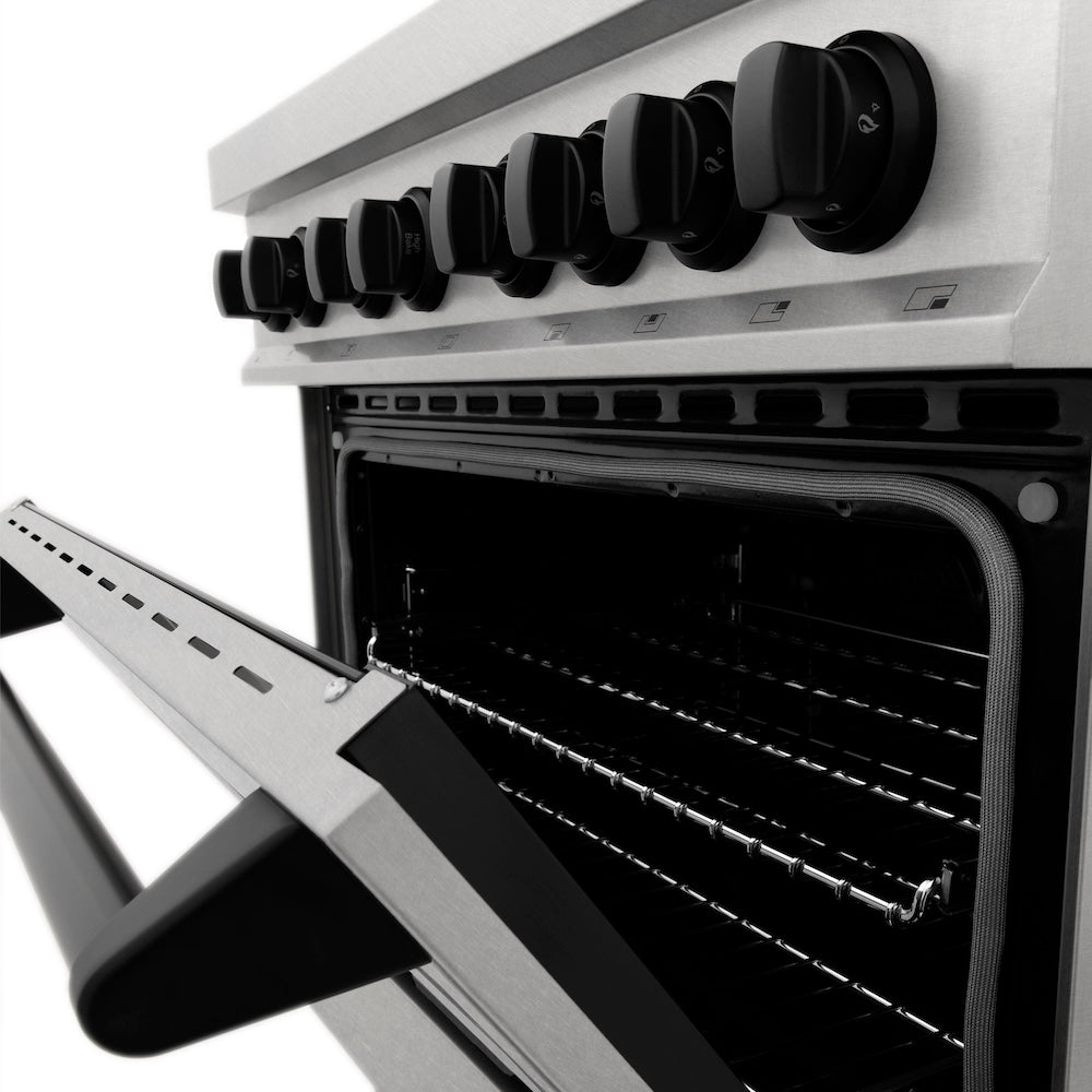 ZLINE Autograph Edition 30 in. 4.0 cu. ft. Legacy Dual Fuel Range with 4 Burner Gas Cooktop and Electric Convection Oven in Satin Stainless Steel and Matte Black Accents, Open Box-Good Condition