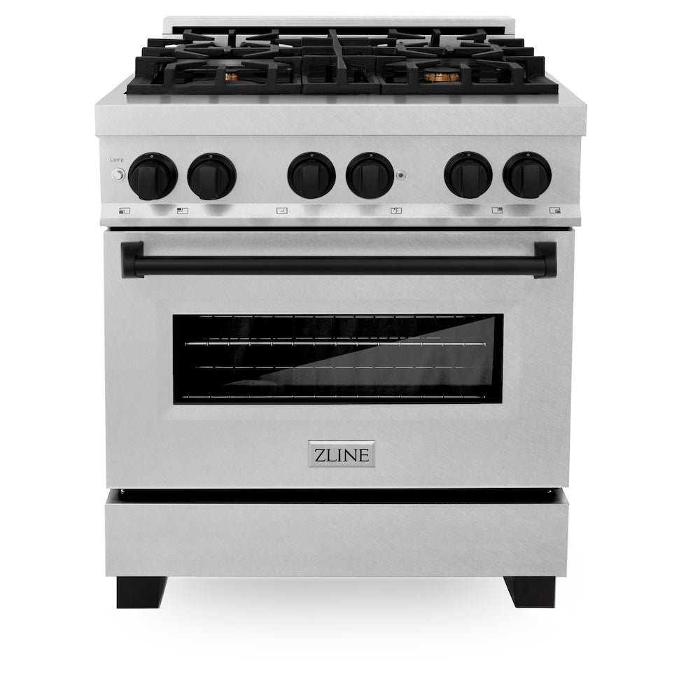 ZLINE Autograph Edition 30 in. 4.0 cu. ft. Legacy Dual Fuel Range with 4 Burner Gas Cooktop and Electric Convection Oven in Satin Stainless Steel and Matte Black Accents, Open Box-Good Condition