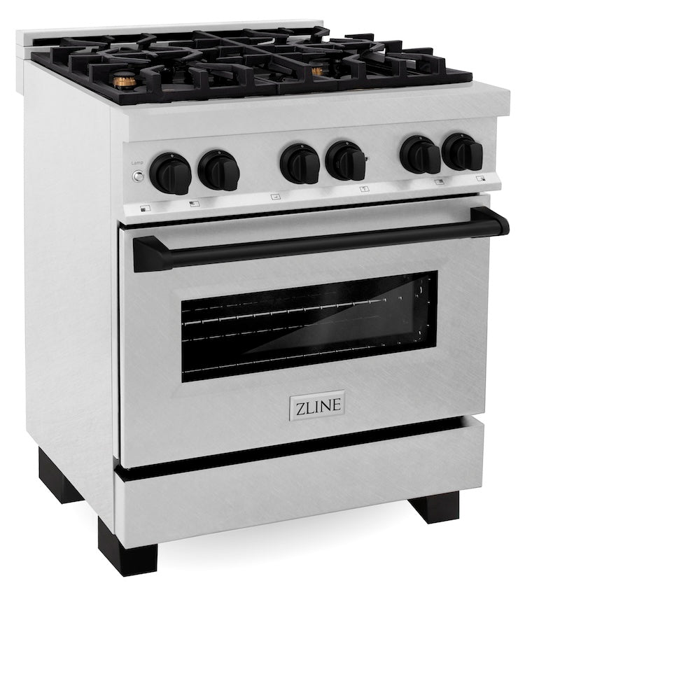 ZLINE Autograph Edition 30 in. 4.0 cu. ft. Legacy Dual Fuel Range with 4 Burner Gas Cooktop and Electric Convection Oven in Satin Stainless Steel and Matte Black Accents (RASZ-SN-30-MB) side.