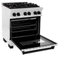 ZLINE Autograph Edition 30 in. 4.0 cu. ft. Legacy Dual Fuel Range with 4 Burner Gas Cooktop and Electric Convection Oven in Satin Stainless Steel and Matte Black Accents (RASZ-SN-30-MB) side, oven open.