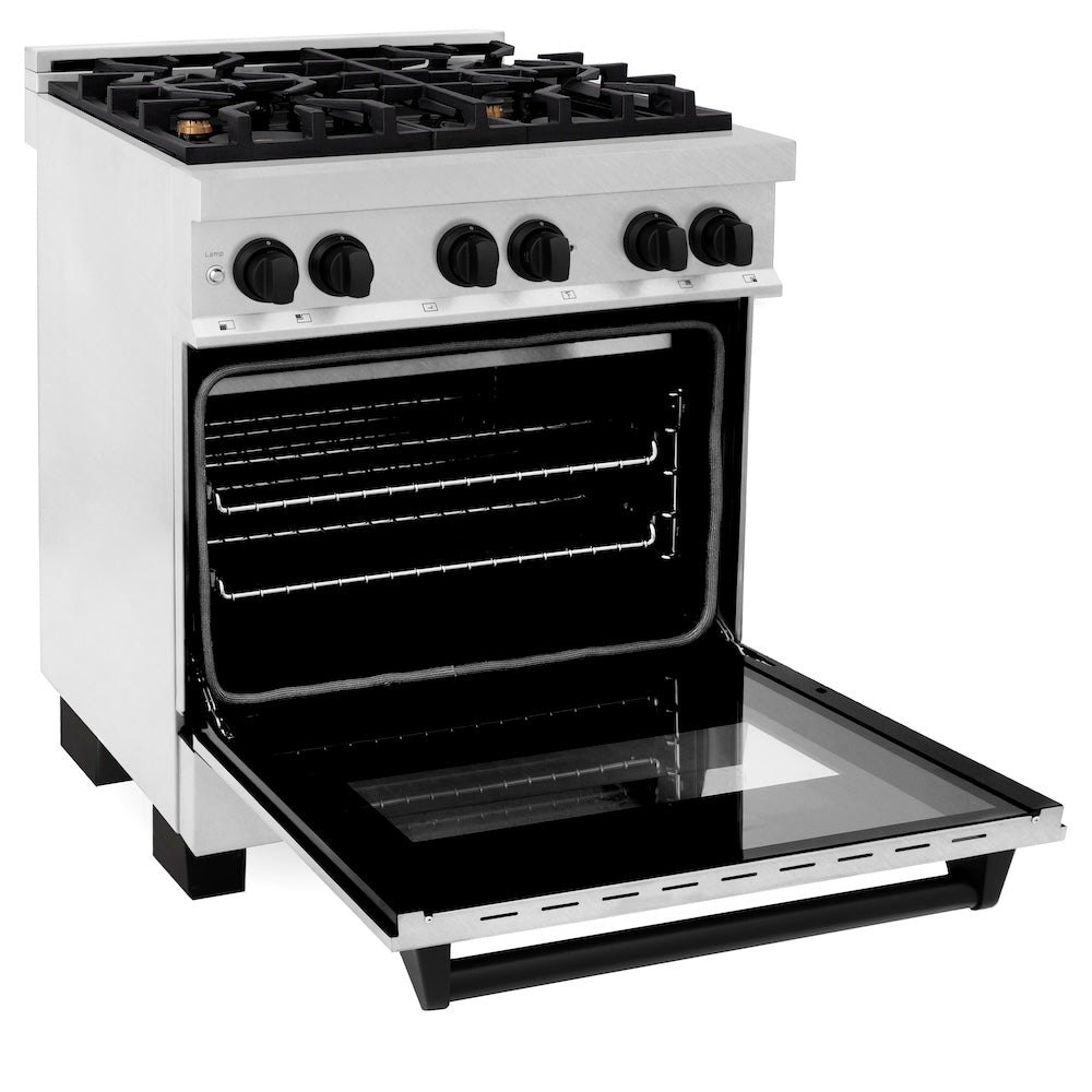 ZLINE Autograph Edition 30 in. 4.0 cu. ft. Legacy Dual Fuel Range with 4 Burner Gas Cooktop and Electric Convection Oven in Satin Stainless Steel and Matte Black Accents (RASZ-SN-30-MB) side, oven open.