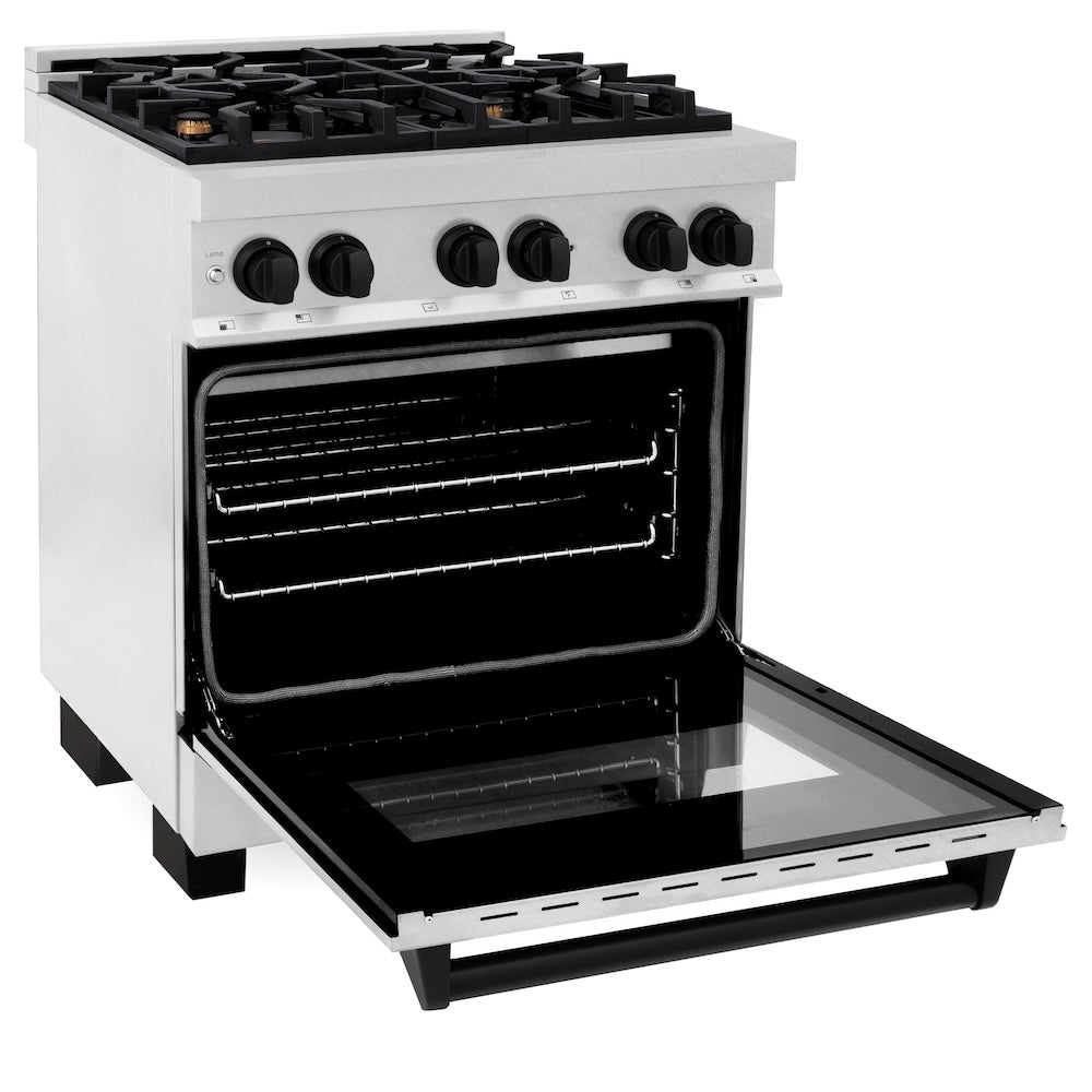 ZLINE Autograph Edition 30 in. 4.0 cu. ft. Legacy Dual Fuel Range with 4 Burner Gas Cooktop and Electric Convection Oven in Satin Stainless Steel and Matte Black Accents, Open Box-Good Condition