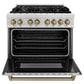 ZLINE Autograph Edition 36 in. 4.6 cu. ft. Legacy Dual Fuel Range with 6 Burner Gas Cooktop and Electric Convection Oven in Satin Stainless Steel and Champagne Bronze Accents (RASZ-SN-36-CB) front, oven open.