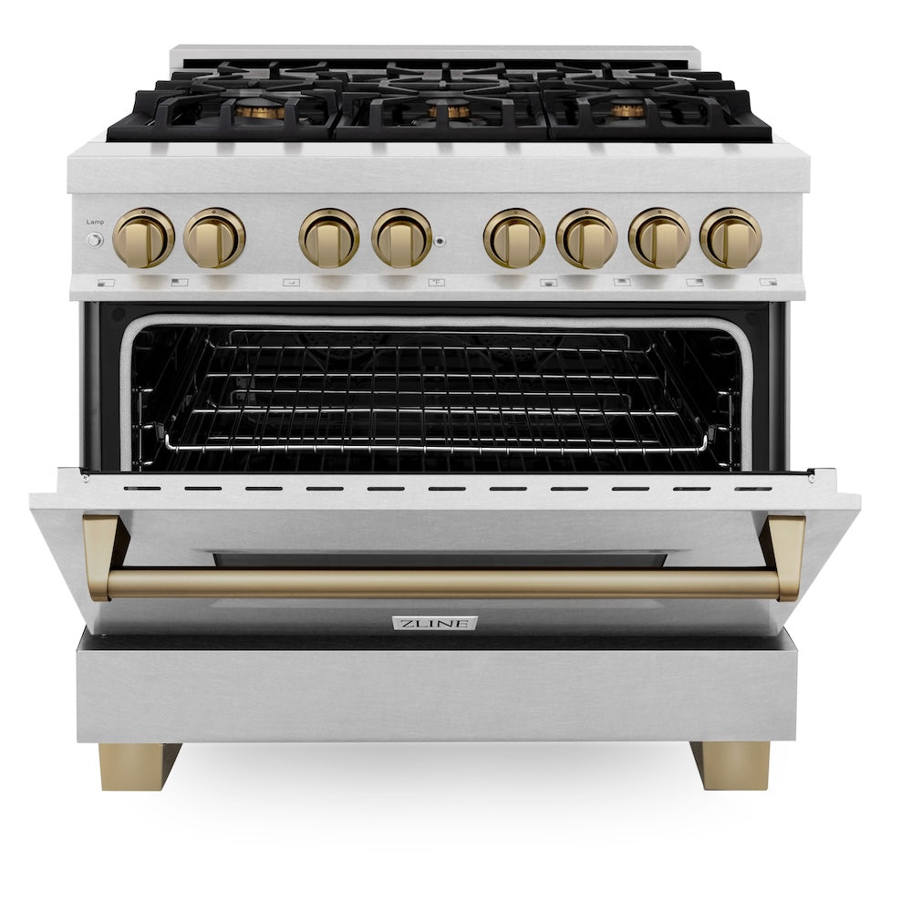 ZLINE Autograph Edition 36 in. 4.6 cu. ft. Legacy Dual Fuel Range with 6 Burner Gas Cooktop and Electric Convection Oven in Satin Stainless Steel and Champagne Bronze Accents, Open Box-Good Condition